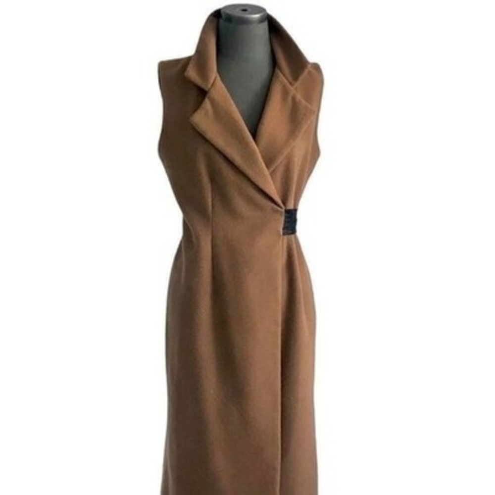 MARNI Luxury Virgin Wool Sleeveless Coat Brown Black Leather Trim Size M - Picture 7 of 10